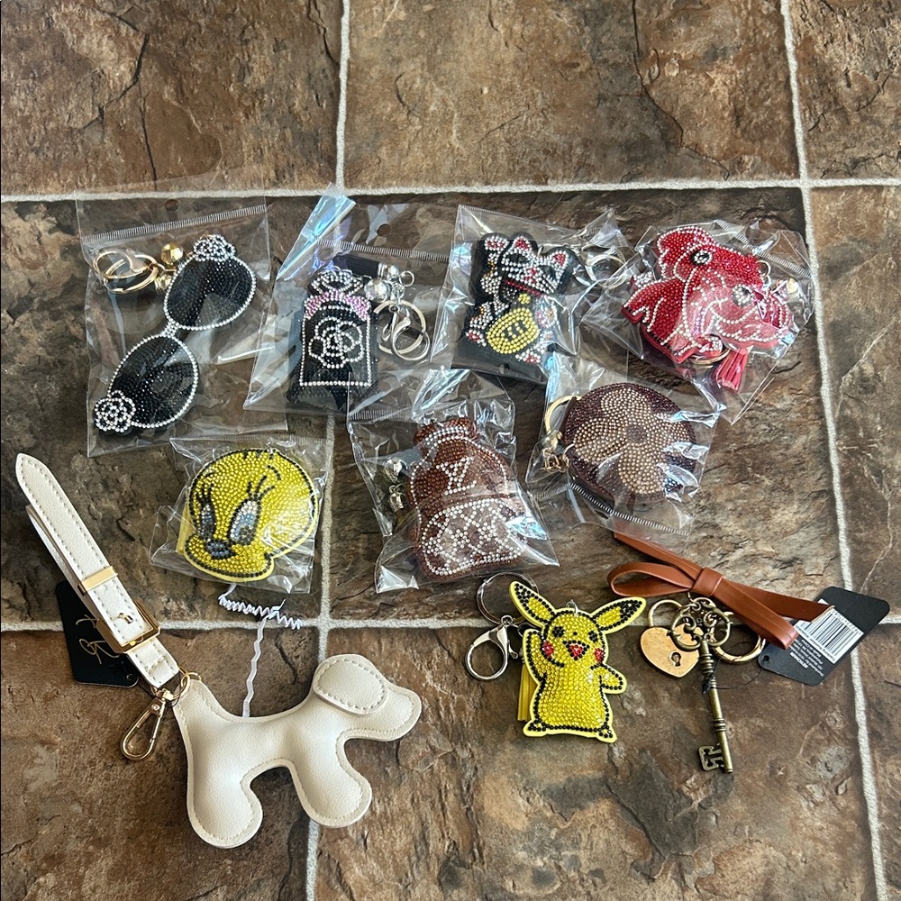 Assorted Beaded Character Keychains with Leather Dog Strap